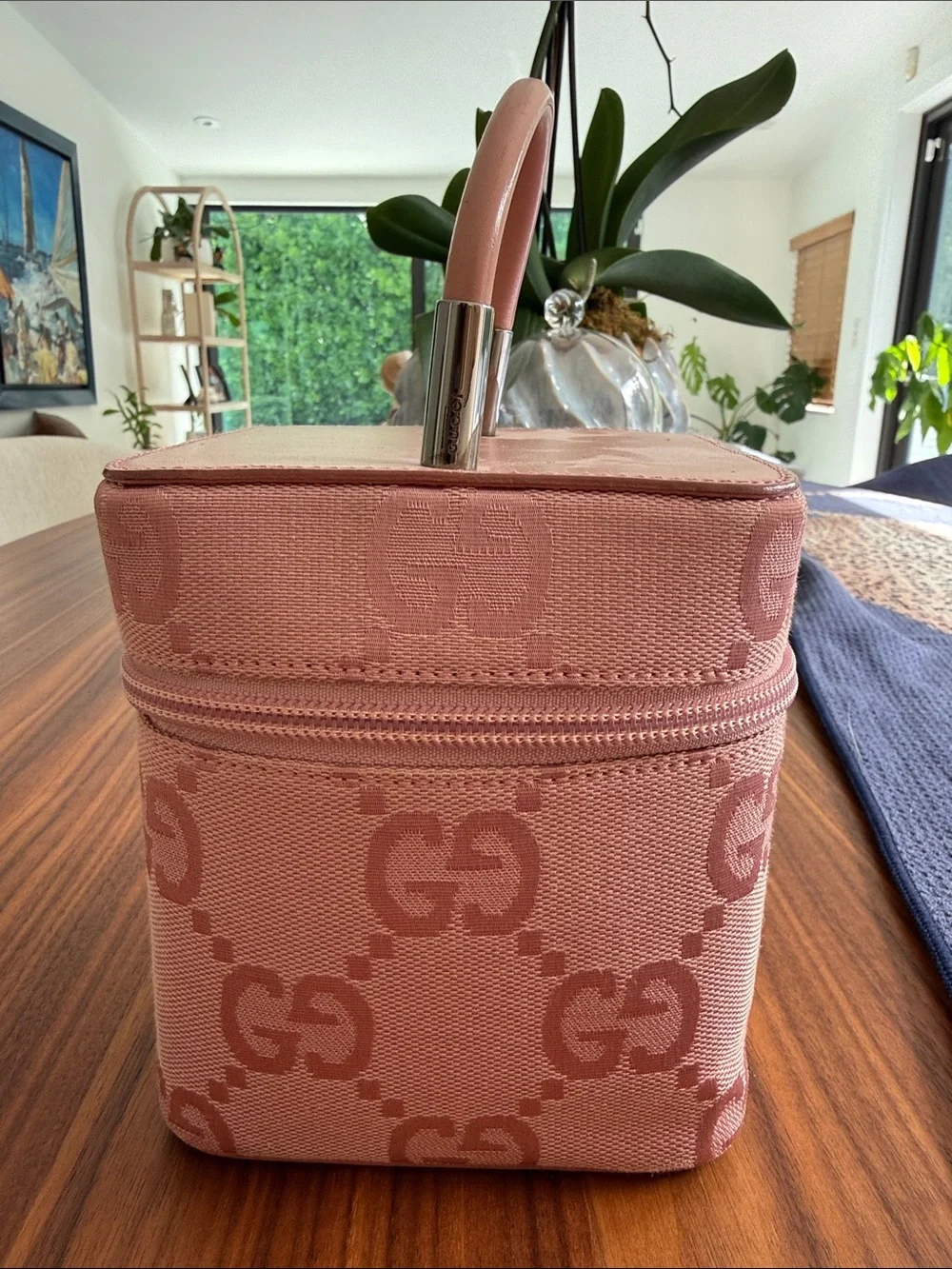 Vintage Gucci Pink GG Canvas Vanity Case with Top Handle